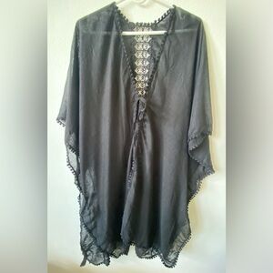 EUC Black Crochet Trim Sheer Kimono Cover-Up XXL